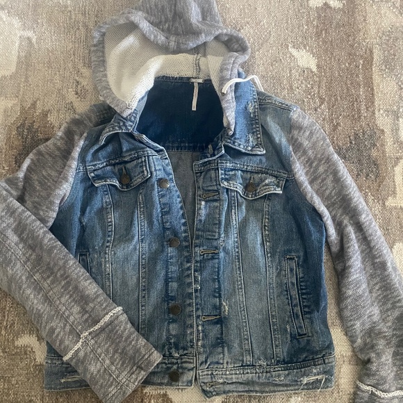 Free People Distressed Knit Hooded Denim Sweatshirt Jacket - Picture 1 of 2